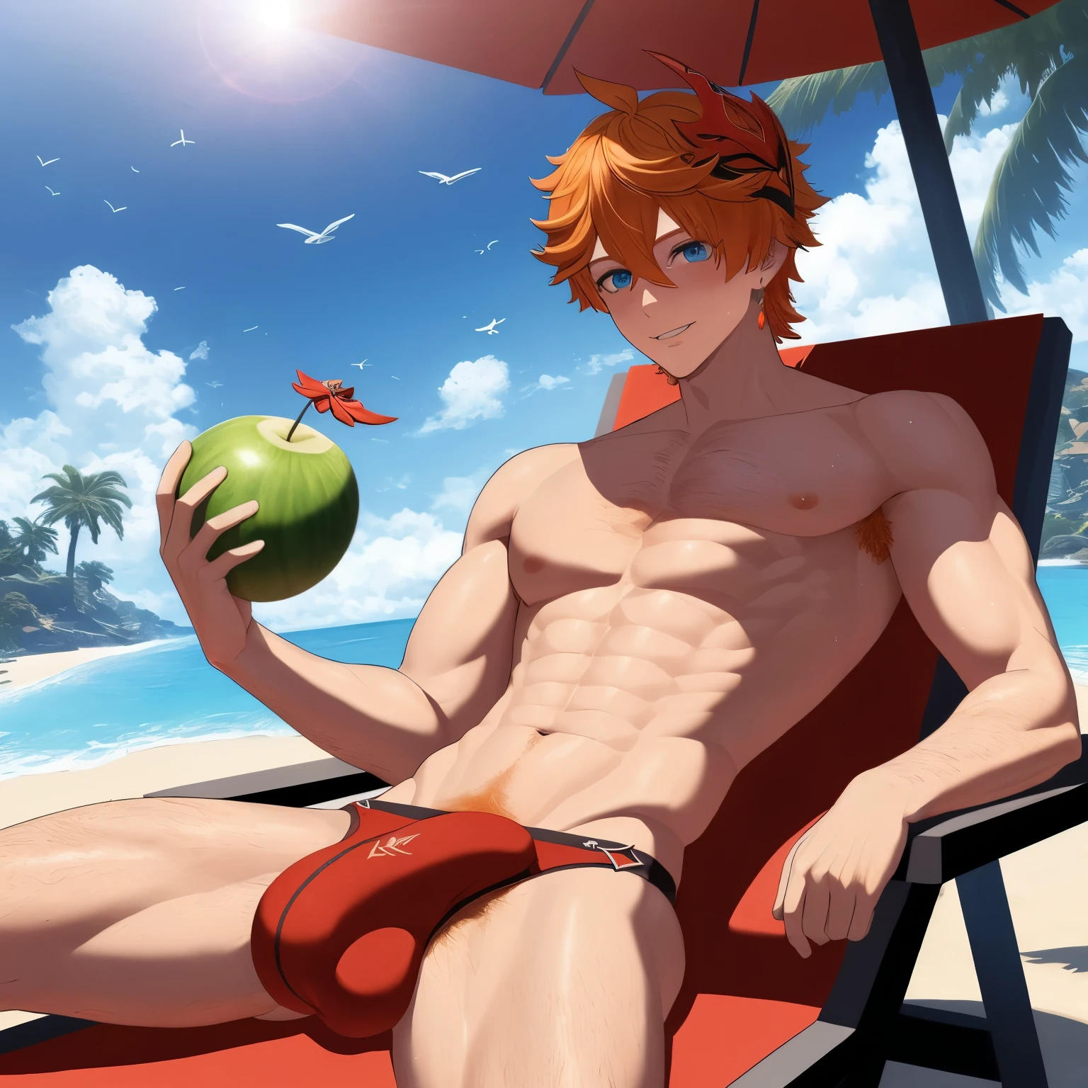 Wearing red swimming trunks、Cartoon man holding a green coconut, Anime boy with orange hair, On the sunny beach, is weareturng a swimsuit, Cool anime poses, Sunny and hot, on the beach, On the tropical beach, relaxing on the beach, Male Art, return, , Kentaro Miura Art, On a sunny day, zerochan