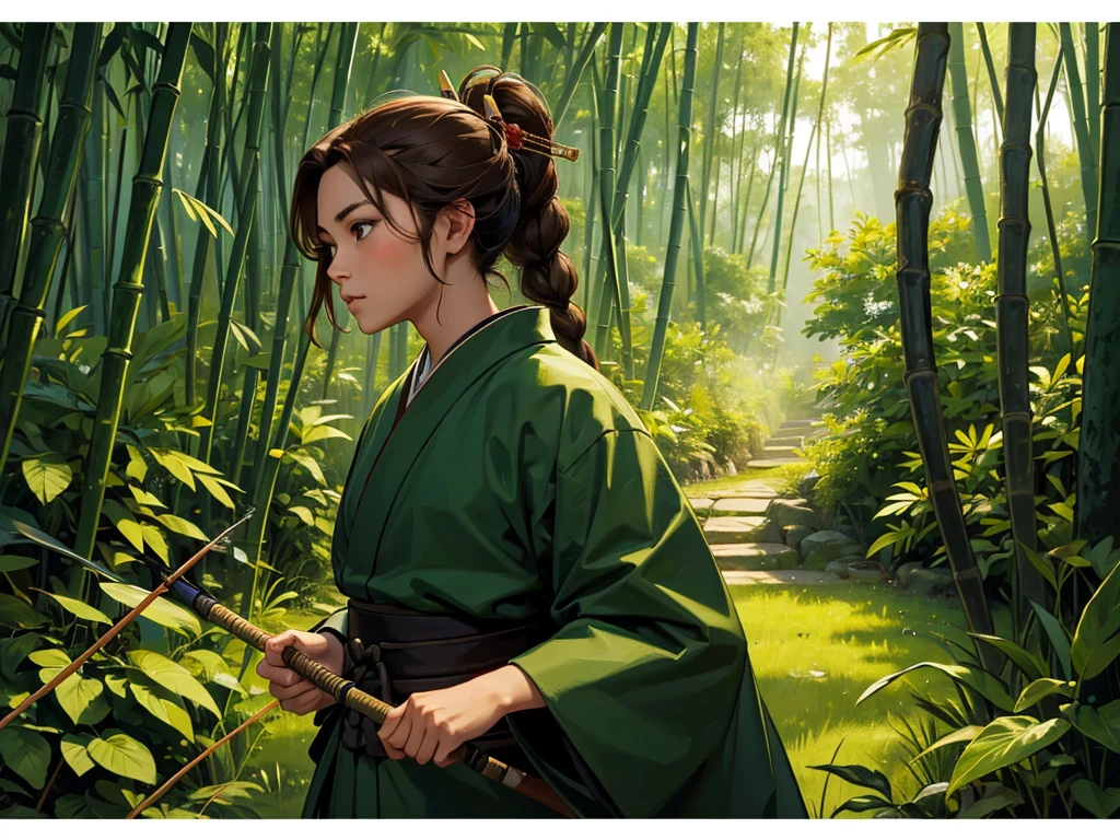 A young samurai, wearing a dark green kimono. Your long bow and arrow is made from reinforced bamboo, and her light brown hair is tied in a braid. at the forest.