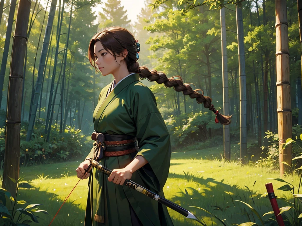 A young samurai, wearing a dark green kimono. Your long bow and arrow is made from reinforced bamboo, and her light brown hair is tied in a braid. at the forest.