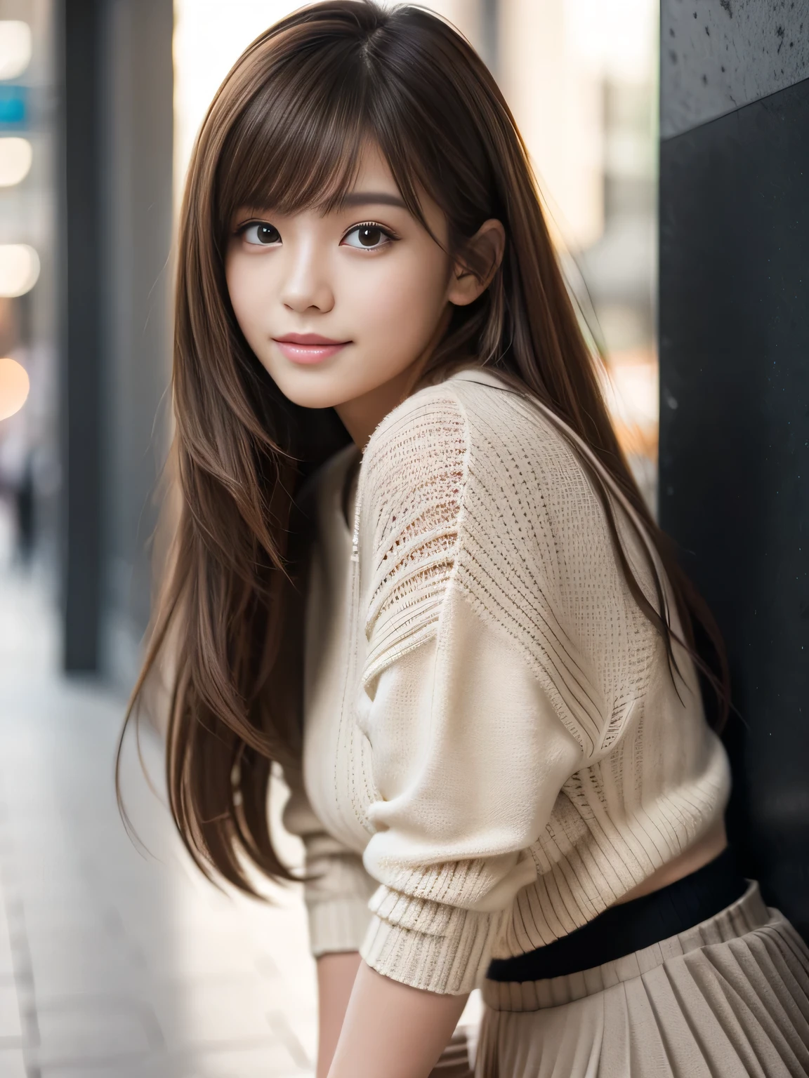 masterpiece, best quality, ultra-detailed, hyperdetailed, realistic, sharp features, highly detailed, sharp focus, Realistic, Photorealistic:1.3, (19 years old:1.3), perfect face, perfect symmetrically eyes, perfect lips, (no makeup), hyper detailed, hyper realistic, high resolution, Fashion Model, Japanese Idol, Slender, brown hair, Stylish, Beautiful Face, light brown hair, messy hair, diagonal bangs, (seductive smile), (looking at viewer), cinematic lighting, blurred background, (knit:1.2), ((Pleated miniskirt, black high socks)), (leaning on wall),