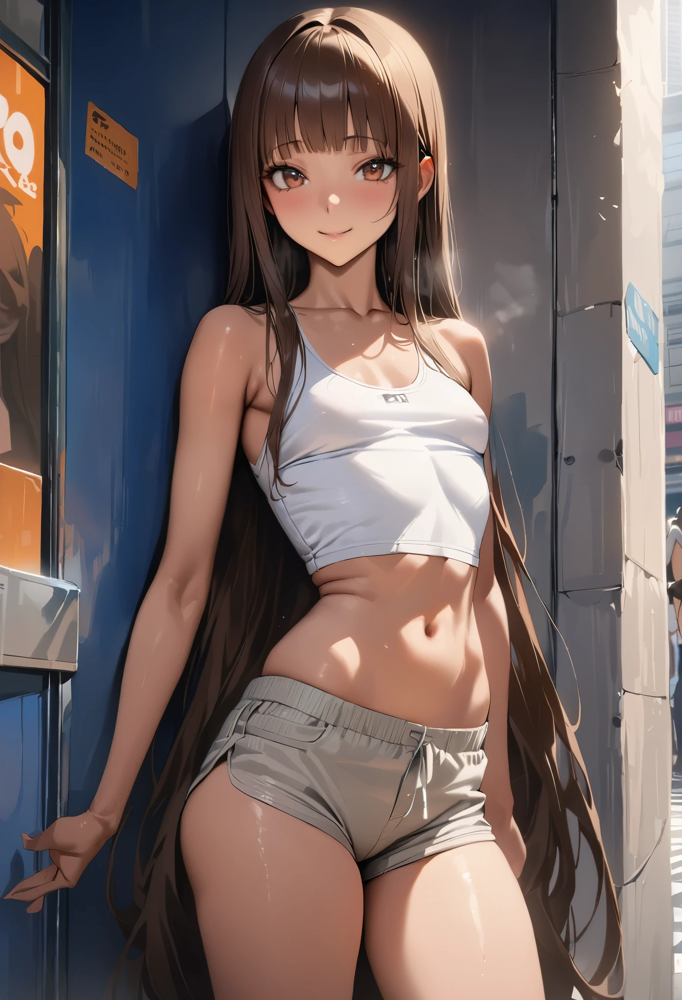 ((masterpiece,best quality anime,Highest quality:1.3)),realistic,cowboy shot,20 year old beauty,独奏,1woman,((very small head:1.3)),((very long body:1.2)),ideal ratio body proportions,tan skin,brown hair,bangs,straight long hair,gorgeous eyes,brown eyes,smile,White tank top、Light grey cotton shorts,((slender body,skinny,toned body)),small breasts,gleaming skin,、on street,Shibuya Station、、