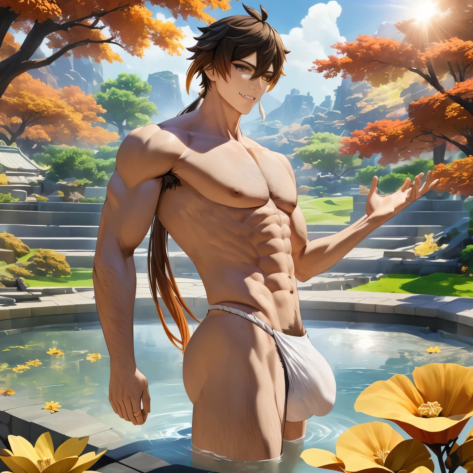 Anime boy standing in a pool without a shirt, 《Genshin Impact》Keqing, Cool anime poses, 《Genshin Impact》Zhongli, As a character in Tekken, SFW version, heise jinyao, Unreal Engine rendering of Saint Seiya, Handsome Japanese demon boy, Muscular posture, handsome prince of persia, Shirtless :: High Detail, Loincloth