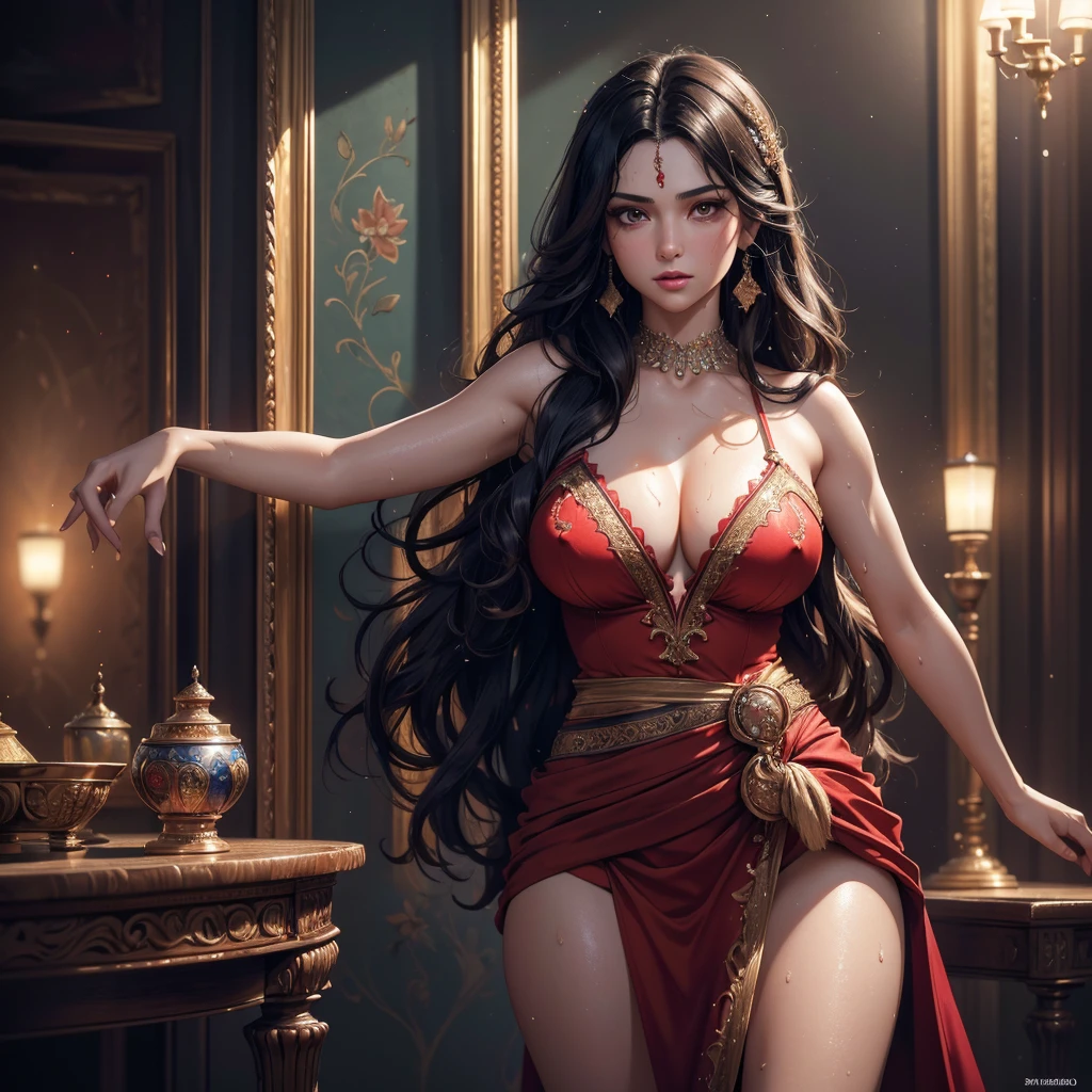 1 beautiful hot and sexy persian princess, fitted rich red sharara , long wavy black hair, pale white skin, entire body covered in glistening sweat, more sweat drops visible on his entire body, sweat dripping from armpits, large breasts visible, nipples visible, hand on waist, detailed facial features, (best quality,4k,8k,highres,masterpiece:1.2),ultra-detailed,(realistic,photorealistic,photo-realistic:1.37),HDR,UHD,studio lighting,ultra-fine painting,sharp focus,physically-based rendering,extreme detail description,professional,vivid colors,bokeh,portrait