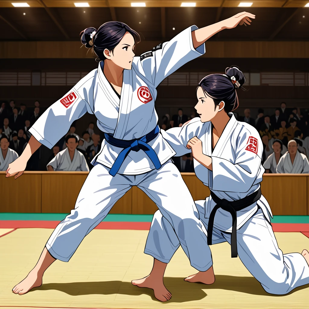 (best quality, finely detailed beautiful eyes, highres, beautiful detailed face), 
BREAK 
The image captures a dynamic judo match moment where two female judoka is performing a back throw. they is wearing a white judo gi with a black belt, and they concentrated expression highlights the tension in every muscle of they body.
BREAK 
At the moment of the back throw, they female opponent, who is wearing a white judo gi with a blue belt, is thrown into the air. Her face shows surprise and fear, his body bent over, and his hands outstretched involuntarily. 
BREAK 
The match is taking place on tatami mats, with many spectators in the audience showing expressions of surprise and excitement. Sponsors’ logos and a scoreboard are visible, adding to the official feel of the match. 
BREAK 
Overall, the image beautifully captures the tension and dynamism of a judo match, with realistic and powerful movements and facial expressions of the athletes, as well as detailed backgrounds.