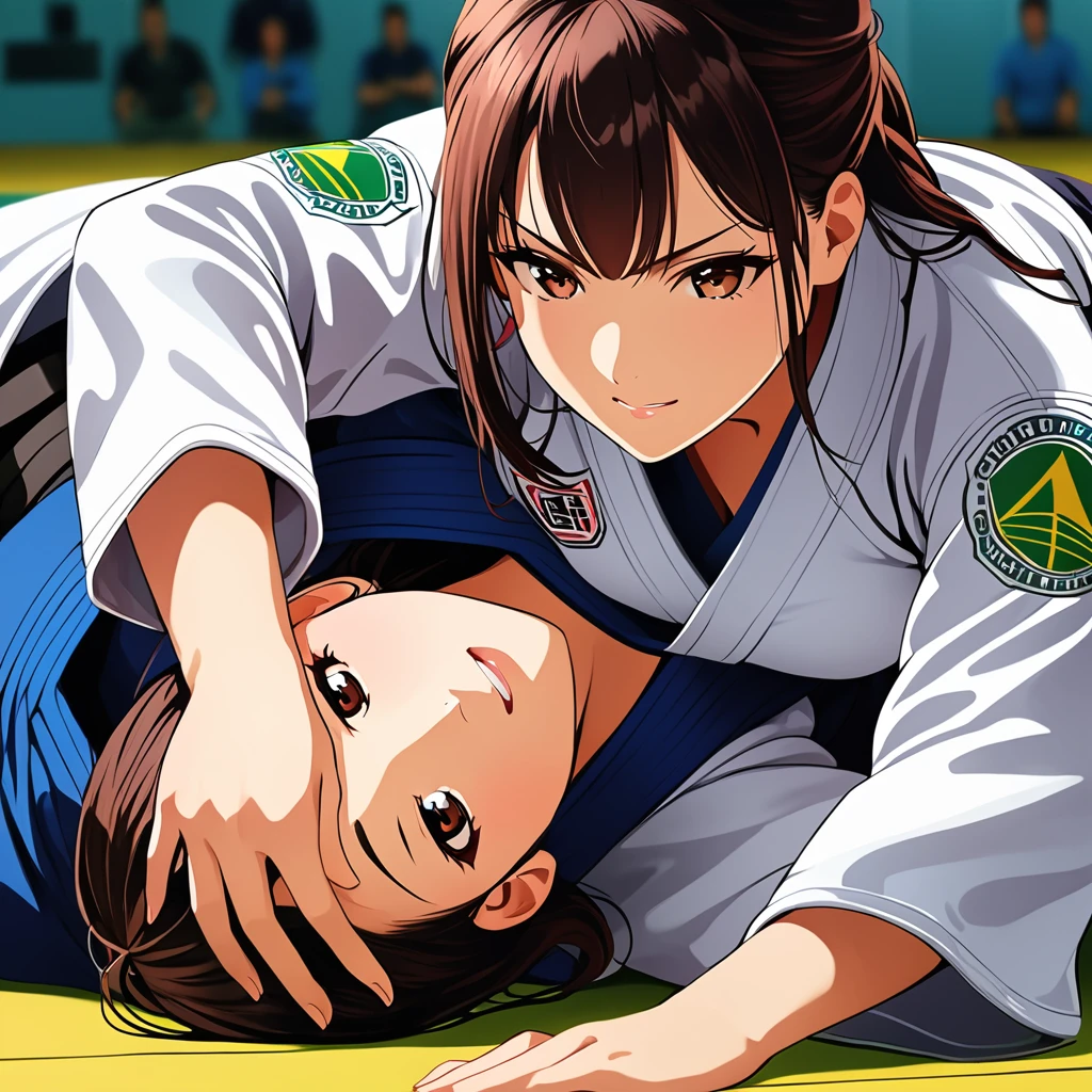 high quality,HD,16k,sharp lines,2 girl,Female brazilian jiu jitsu athlete ,cute face, large breasts, nice legs,At the brazilian jiu jitsu venue,focus girl,detailed beautiful face,detailed clothes,beautiful eyes,cool,dynamic angle,in a close and intense fight on a mat, showing their submission hold techniques with a lot of sweat on their body 