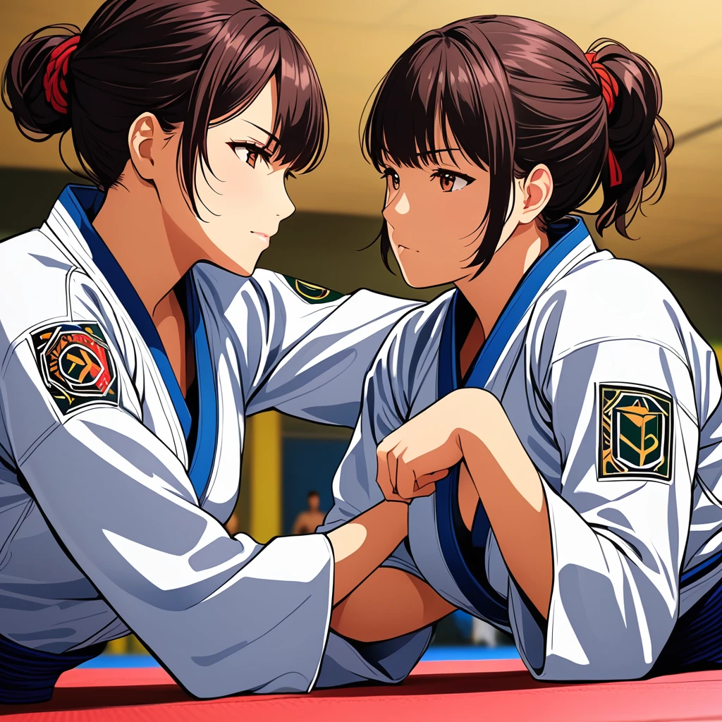 high quality,HD,16k,sharp lines,2 girl,Female brazilian jiu jitsu athlete ,cute face, large breasts, nice legs,At the brazilian jiu jitsu venue,focus girl,detailed beautiful face,detailed clothes,beautiful eyes,cool,dynamic angle,in a close and intense fight on a mat, showing their submission hold techniques with a lot of sweat on their body
