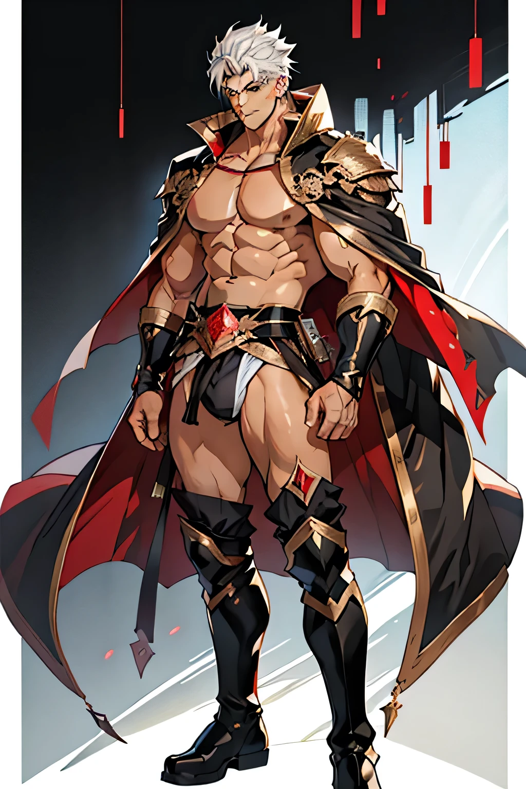 Maximum image quality，masculine people，，1 chico，young and handsome，show，white hair，short and flat hair，clear skin，anime big ，Animated wallpaper，Alone，male focus，pantieion of the pectoral muscles.，black cape，bulging crotch，Urban Fund，sexy,(masterpe, Best Quality),long white socks，black boots，