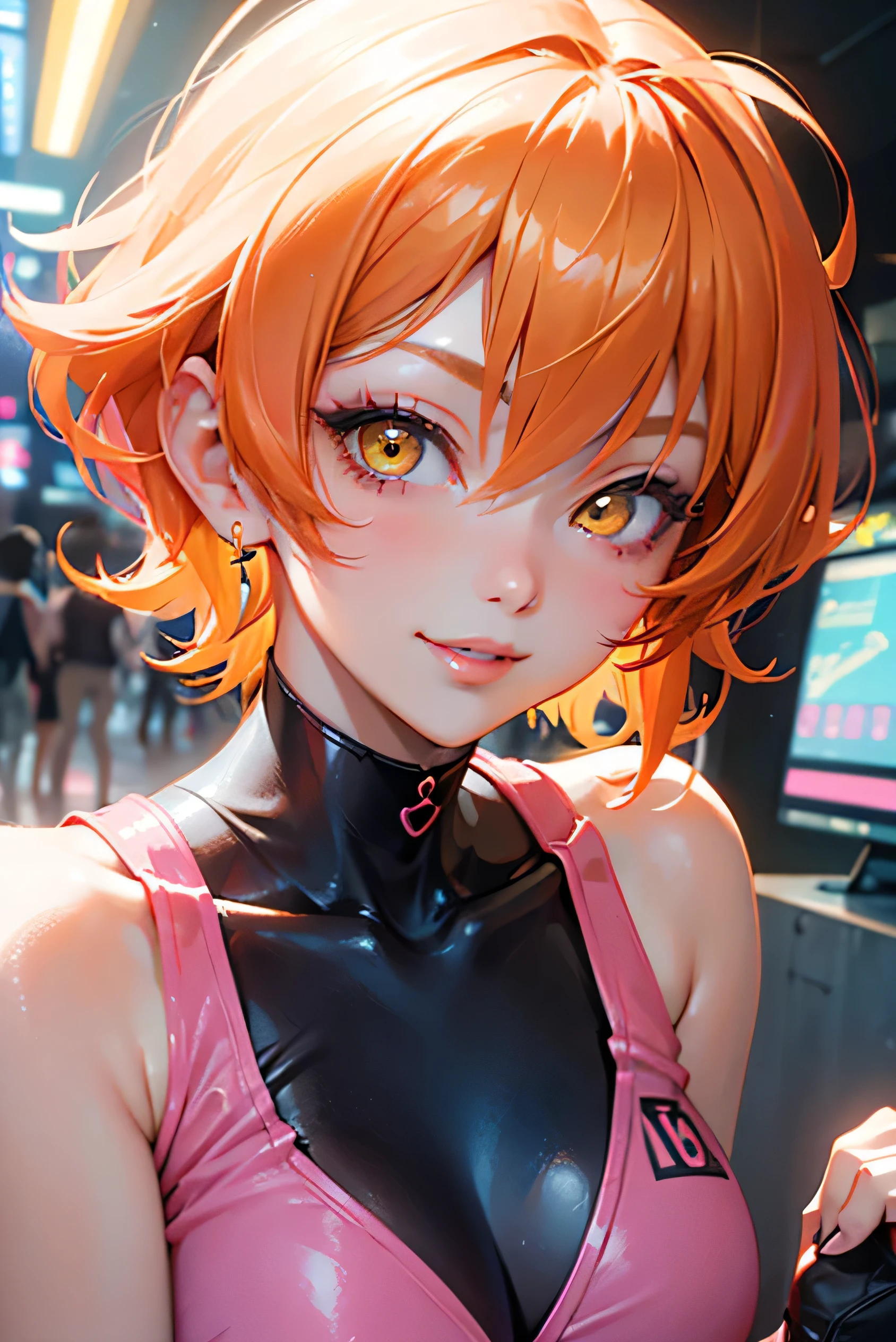 Beautiful adult woman、((Orange short hair))(Yellow Eyes)、(Cutie Honey in a sexy pink outfit)、cyber punk、Face close-up、smile