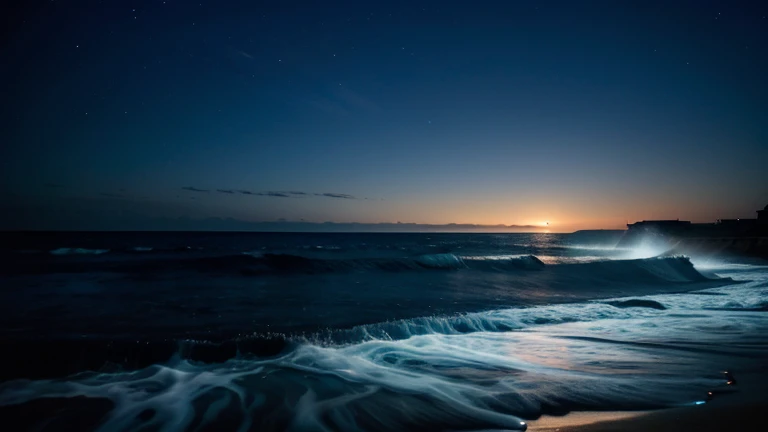 Image of a night sea landscape illuminated in blue with shadows.
