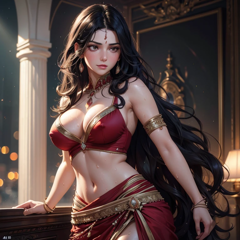 1 beautiful hot and sexy persian princess, fitted rich red sharara , long wavy black hair, pale white skin, entire body covered in glistening sweat, more sweat drops visible on his entire body, sweat dripping from armpits, large breasts visible, nipples visible, hand on waist, detailed facial features, (best quality,4k,8k,highres,masterpiece:1.2),ultra-detailed,(realistic,photorealistic,photo-realistic:1.37),HDR,UHD,studio lighting,ultra-fine painting,sharp focus,physically-based rendering,extreme detail description,professional,vivid colors,bokeh,portrait