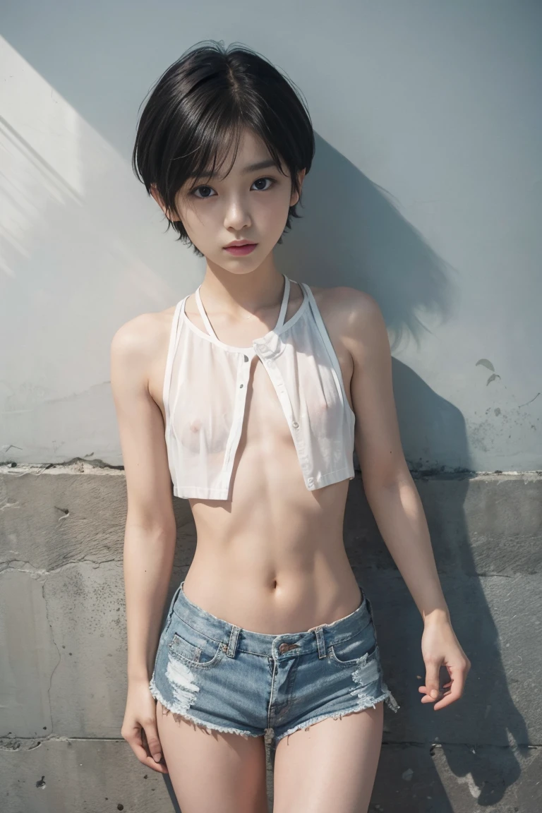 A cute boy, Looks about (short hair), Height about 140 cm, Very short shorts, Shorts bulging in the shape of a penis, flat chest like a boy, Slender body, The wall is a concrete wall, Black Hair, eyeball, Surrealism, Blurred, Cinema Lighting, Bokeh, Very detailed, Anatomically correct, Accurate, Awards, 16K 、The clothes are transparent、Short torso、Anatomically correct体のバランス