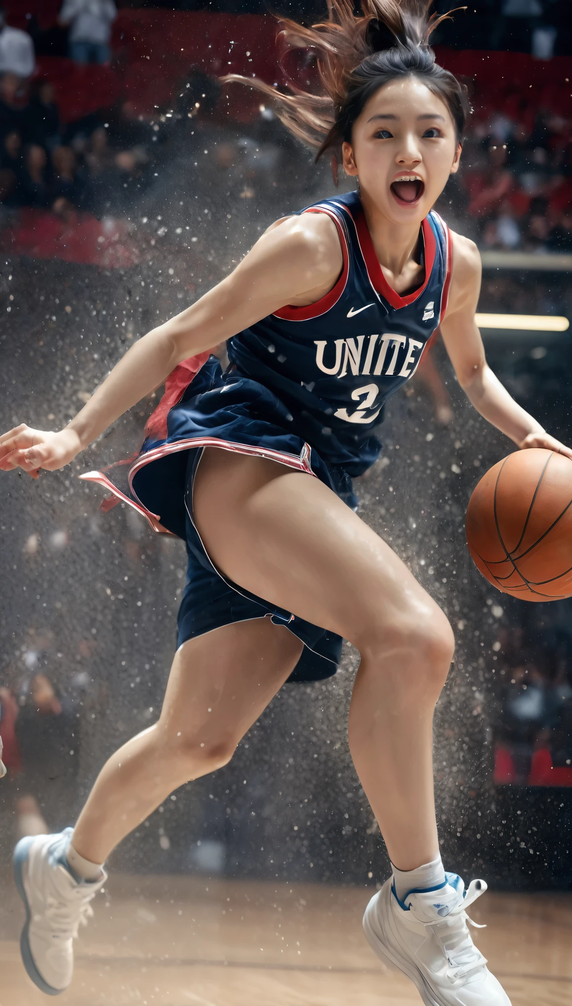 quality,(8K),highly detailed CG unit wallpaper, masterpiece,high quality,surreal,increase resolution,RAW photo,best quality,wallpaper,cinematic lighting,ray tracing,(golden ratio),break,girl,(basketball),ring,((dunk shot)),((winning dunk:1.5)),(beautiful, sweaty, jumping high,red basketball uniform,basketball shoes,short bob hair),Japanese,basketball uniform,basketball shoes,running to her,(delighted,excited),(electric clock),from below,dynamic pose,dynamic angle,basketball court,(United Center),many excited spectators,(stadium shaking with loud cheers:1.3),very historical photo,The Pulitzer Prize photo,photography\(high_speed_shutter\),basketball game,women's basketball,