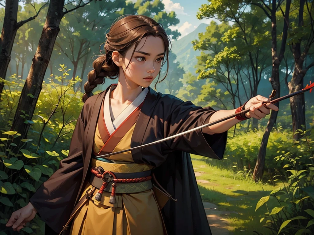 A young samurai, wearing a dark kimono. Carry a bow and arrow on your back, and her light brown hair is tied in a braid. at the forest.