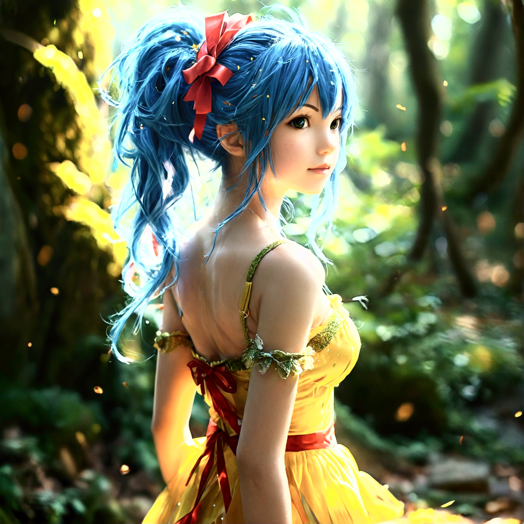 Wendy Marvell from Fairy Tail has a slender figure. She has long, straight blue hair, tied with red ribbons at the ends, and large dark brown eyes, (Top Quality, High Resolution, 8K, Masterpiece: 1.2), (Realistic, Photorealistic: 1.3), High Refractive Index:1.2, Film Grain, Blurry Bokeh:1.2, Lens Flare, 1 Girl, (Vibrant Color:1.2), (Delicate), (Confident, Determined, Joyful)))), ((Standing pose, Hands on hips, Looking determined)), (From the side, from the front, gentle breeze, flowing hair, flowing dress), green and yellow striped dress, red ribbon, Fairy Tail guild mark, (magic glow, forest background), full body, vibrant colors, natural lighting, glowing particles, cute,companion Carla, ethereal symbols, detailed, high-quality, realistic, Puri focus, Sharp and realistic