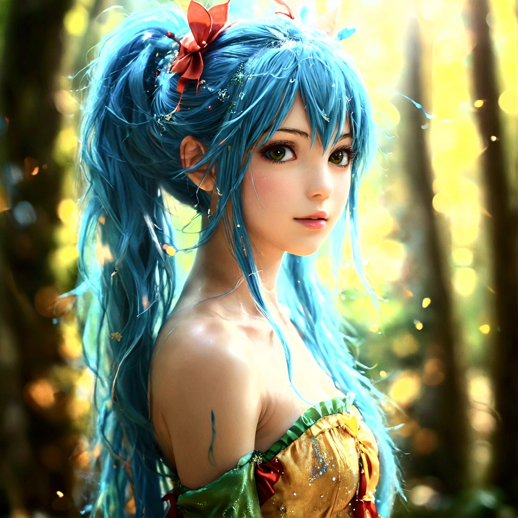 Wendy Marvell from Fairy Tail has a slender figure. She has long, straight blue hair, tied with red ribbons at the ends, and large dark brown eyes, (Top Quality, High Resolution, 8K, Masterpiece: 1.2), (Realistic, Photorealistic: 1.3), High Refractive Index:1.2, Film Grain, Blurry Bokeh:1.2, Lens Flare, 1 Girl, (Vibrant Color:1.2), (Delicate), (Confident, Determined, Joyful)))), ((Standing pose, Hands on hips, Looking determined)), (From the side, from the front, gentle breeze, flowing hair, flowing dress), green and yellow striped dress, red ribbon, Fairy Tail guild mark, (magic glow, forest background), full body, vibrant colors, natural lighting, glowing particles, cute,companion Carla, ethereal symbols, detailed, high-quality, realistic, Puri focus, Sharp and realistic