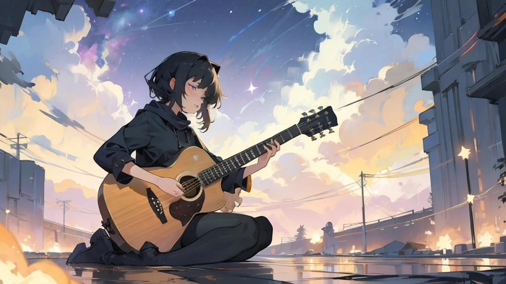 masterpiece,night,(dark alley),star、Night Sky、milky way、octone、
(1. Female), (solo), Knee hugging sitting,acousticguitar