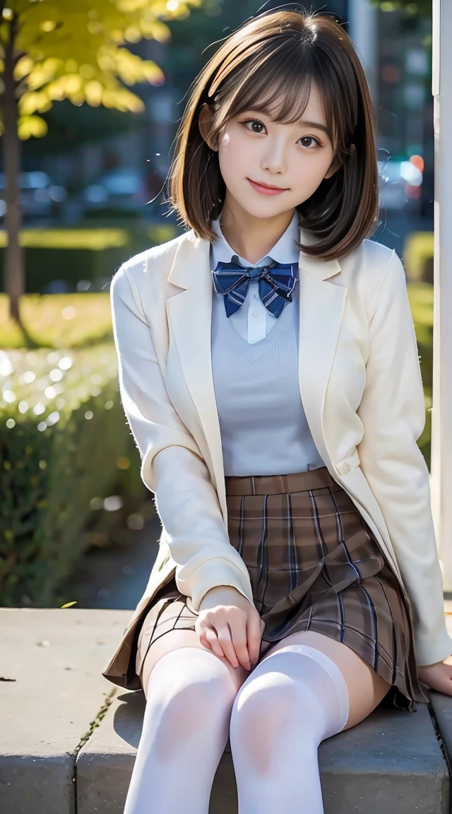 Mature Japanese high school girl、I am、lean legull body from head to toe、Sit up、M-shaped legs、small  pantyhose): 1.2)、You can see the white color through the stockings、Very beautiful 17 year old girl、I didn't wear shoes、Shy big eyebrows and short hair area)、(through bangs)、Unkheveled hair、(hair pin)、pale blush、solo、looking at the camera in、White  clearly visible、 high school blazer、high school white shirt、high school blue ribbon、High school plaid and navy pleated skirt、Mikoto went up、Brown hair、with brown eye