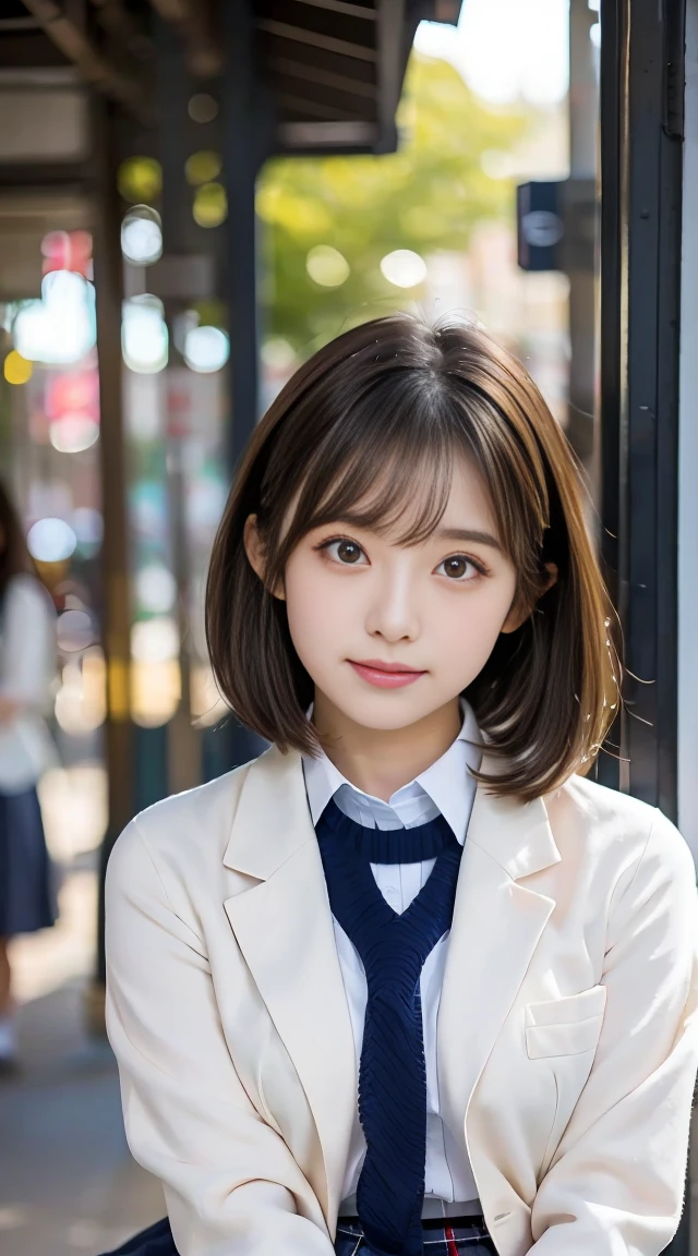 Mature Japanese high school girl、I am、lean legull body from head to toe、Sit up、M-shaped legs、small pantyhose): 1.u can see the white color through the stockings、Very beautiful 17 year old girl、I didn't wear shoes、Shy big eyebrows and short hair area)、(through bangs)、Unkheveled hair、(hair pin)、pale blush、solo、looking at the camera in、White clearly visible、 high school blazer、high school white shirt、high school blue ribbon、High school plaid and navy pleated skirt、Mikoto went up、Brown hair、with brown eye