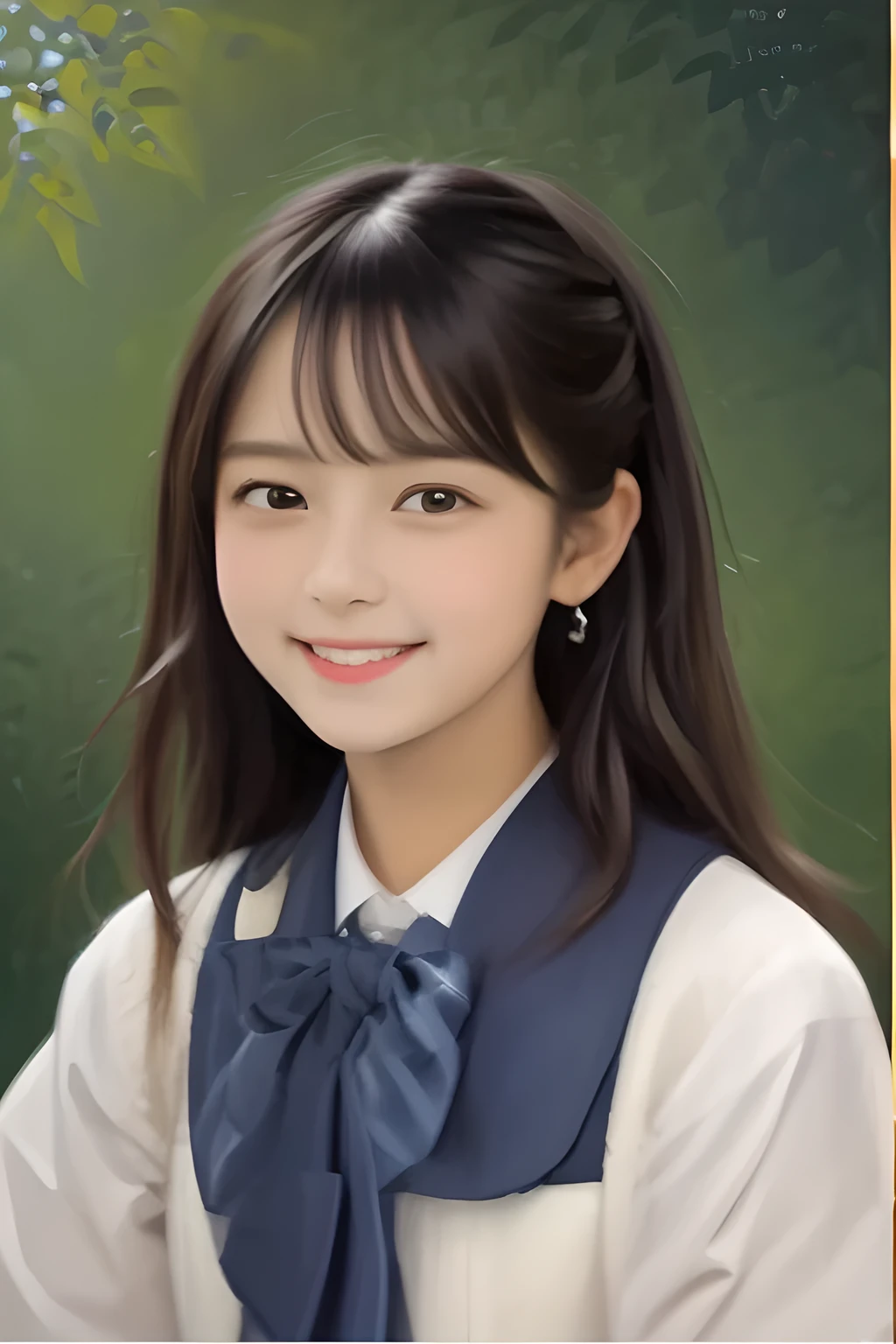 (highest quality, masterpiece, high resolution:1.2), 4K, (Paintings by Vigée Leblanc: 1.4) , (Carefully balanced detailed face: 1.0), geometry, Laughing cutely, (Beautiful 14yo Japanese student girl: 1.0), (Navy-colored neat school uniform), (high school class room), (beautiful straight bobbed super-long hair), (Evenly cut bangs)