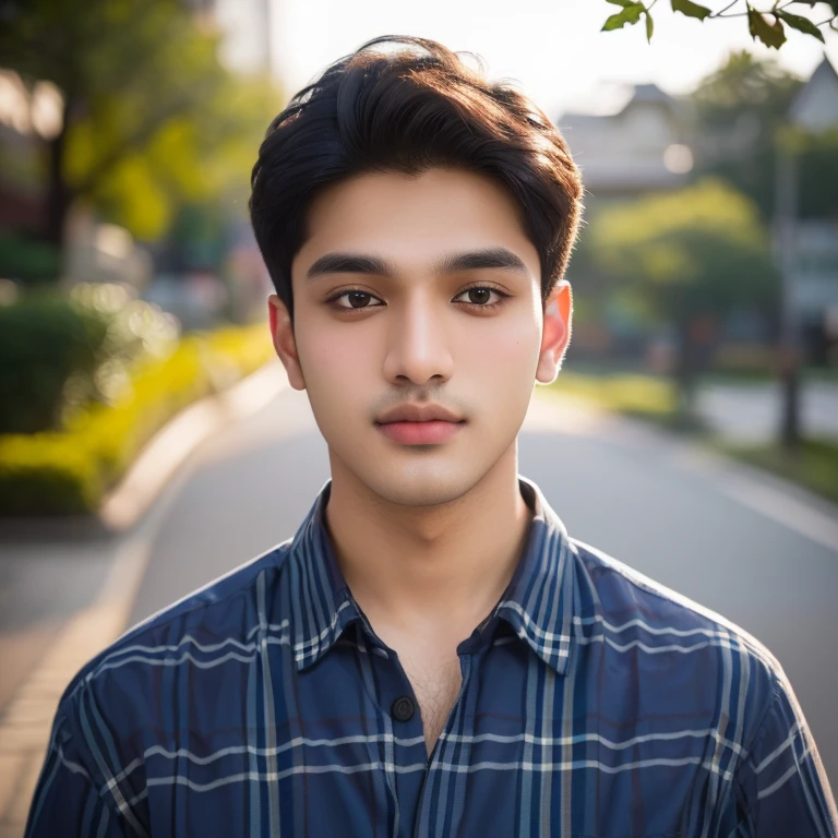 Young man Arav wears a plaid shirt., have a round face, short hair,Photos in Portrait mode, Medium-term portrait, Shot with Sony Alpha, soft portrait 8 k, Portrait photography, home photography, Shot with canon eos r5, Shot with canon eos r5, 2 4 year old headshot profile picture, Thai anime,Beautiful digital artและงดงาม, Beautiful digital art