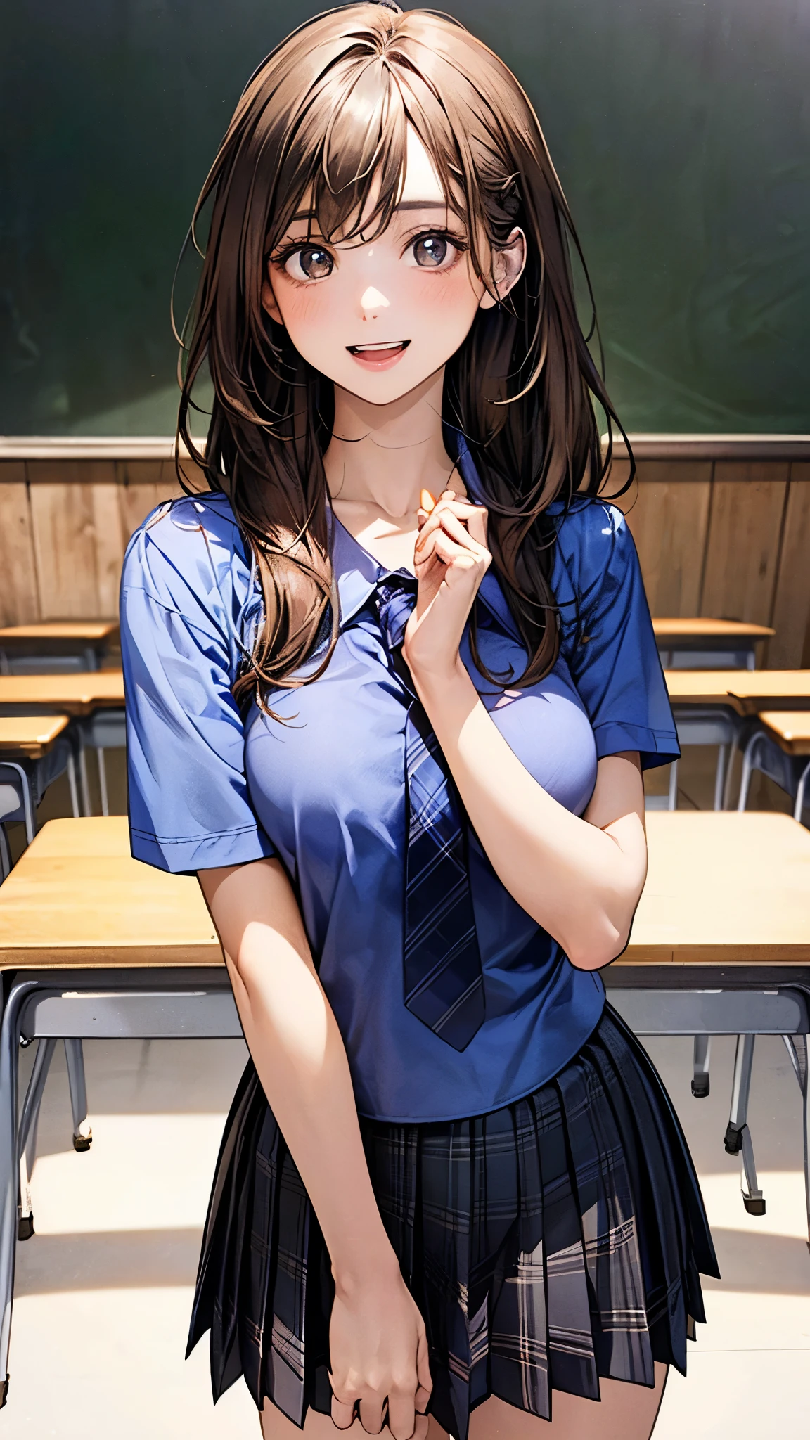(masterpiece:1.2, top-quality), (realistic, photorealistic:1.4), beautiful illustration, (natural side lighting, movie lighting), depth of fields, nsfw,
beautiful detailed hair, beautiful detailed face, beautiful detailed eyes, beautiful clavicle, beautiful body, beautiful chest, beautiful thigh, beautiful legs,
looking at viewer, 1 girl, 12 years old, (perfect anatomy, anatomically correct, super detailed skin), cute and symmetrical face, perfect face, perfect eyes, perfect fingers, five fingers,
(long hair, straight hair, light brown hair), braided bangs, break light brown eyes, big eyes, (medium breasts, seductive thighs), perfect body, shiny skin, pink skin,
(detailed cloth texture), break ((short sleeve black collared shirt)), break ((cobalt blue plaid pleated skirt)), break ((cobalt blue plaid tie)), break
(beautiful scenery), morning, (school classroom:1.2, blackboard), standing, (lovely smile, upper eyes, open mouth),