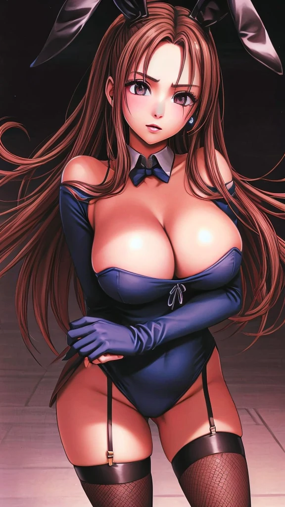 Jessica, who has big breasts and beautiful legs, is standing in a black high-cut bunny suit and fishnet stockings.。