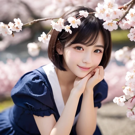 20-year-old women、Japanese、Beauty、Indigo and white monochrome dress、Cherry blossom background、Natural Whitening, Black short hair