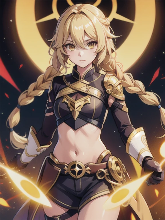 (Solo:1.2), aether, 1girl, gender swap, female version of Aether, blonde hair, yellow eyes, hair between eyes, long hair, braid,