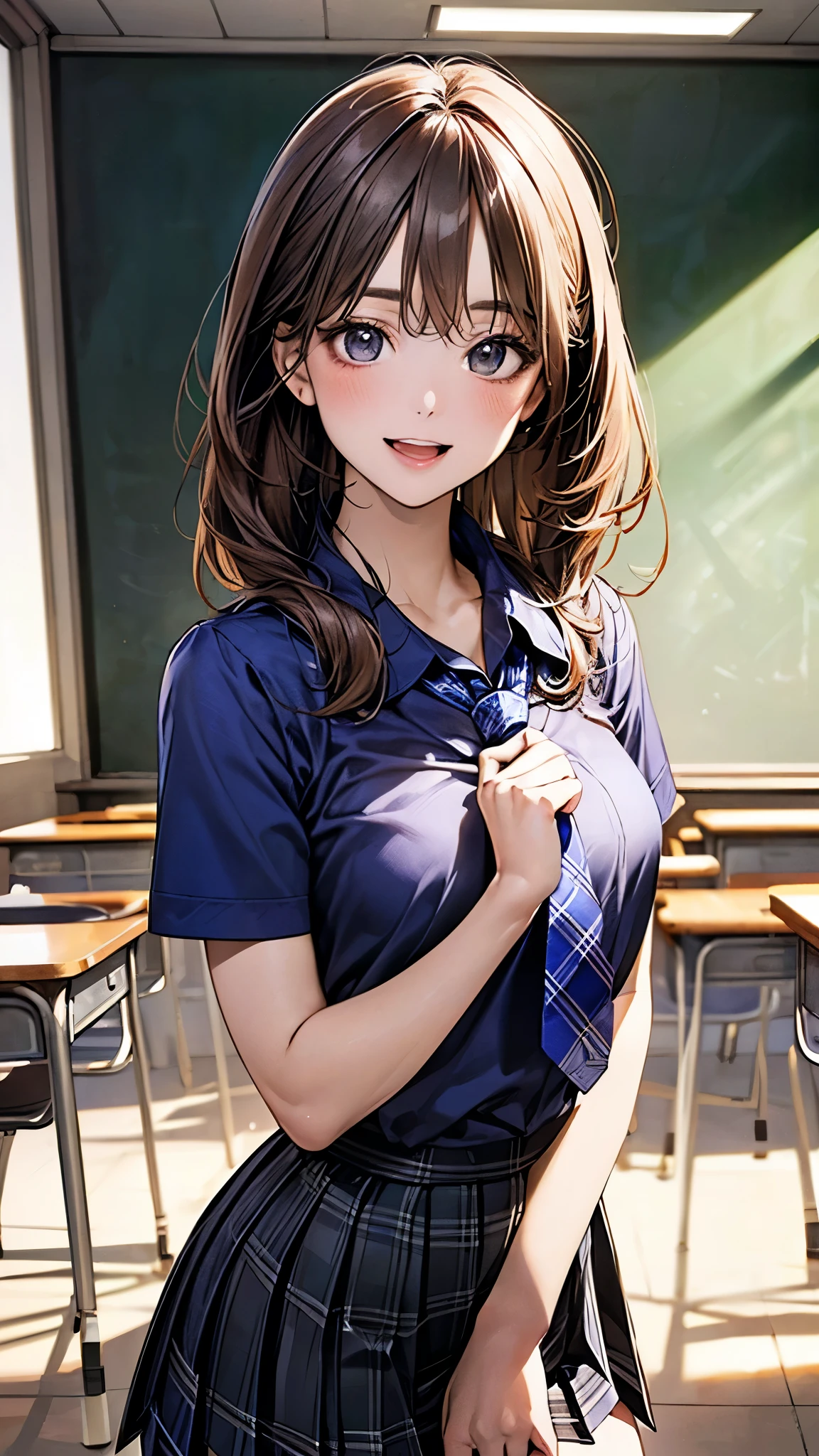 (masterpiece:1.2, top-quality), (realistic, photorealistic:1.4), beautiful illustration, (natural side lighting, movie lighting), depth of fields, nsfw, 
beautiful detailed hair, beautiful detailed face, beautiful detailed eyes, beautiful clavicle, beautiful body, beautiful chest, beautiful thigh, beautiful legs, 
looking at viewer, 1 girl, 12 years old, (perfect ???????, anatomically correct, super detailed skin), cute and symmetrical face, perfect face, perfect eyes, perfect fingers, five fingers,
(long hair, straight hair, light brown hair), braided bangs, break light brown eyes, big eyes, (medium breasts, seductive thighs), perfect body, shiny skin, pink skin, 
(detailed cloth texture), break (((short sleeve black collared shirt))), break (((cobalt blue plaid pleated skirt))), break (((cobalt blue plaid tie))), break 
(beautiful scenery), morning, (school classroom:1.2, blackboard), standing, (lovely smile, upper eyes, open mouth),