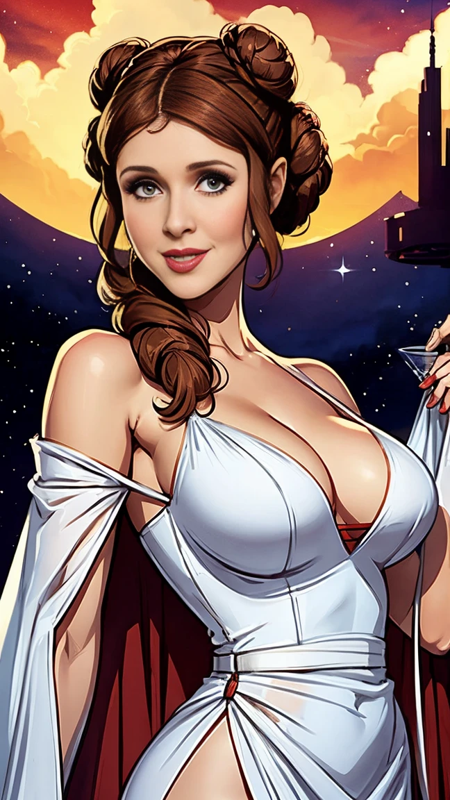 Carrie Fisher as Princess Leia from Star Wars, sheer deep cleavage crimson chiffon cocktail dress with open white cloak over top, double side bun brunette hair, perfect ???????, ???? pose, cloud city, smile