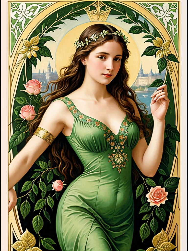 Detailed art nouveau painting, high quality, elegant woman full of grace, Laurel wreath, whole body