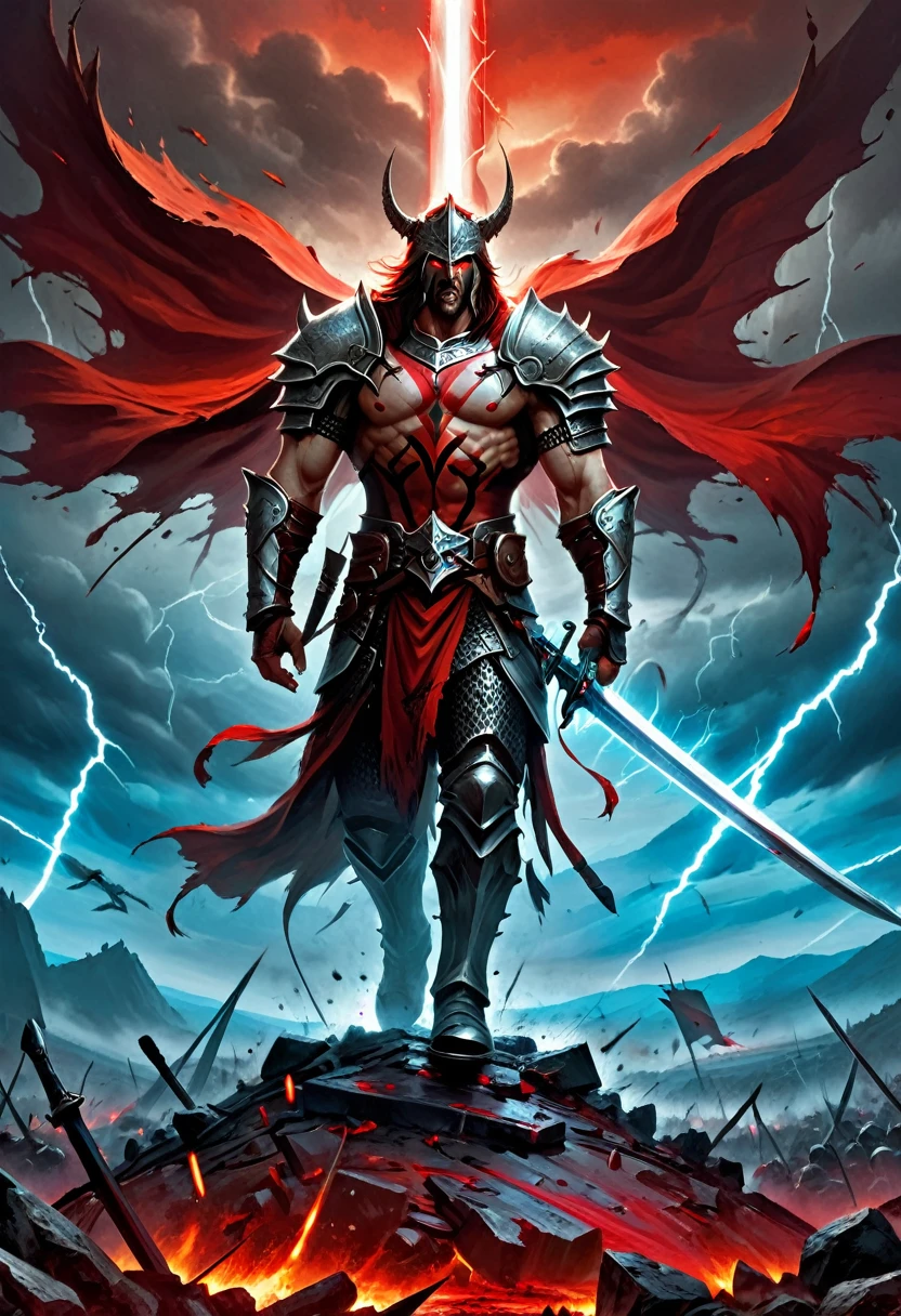 Varkas the Unbroken stands amidst the carnage of the battlefield, his eyes scanning the horizon for any remaining foes. The stench of blood and steel hangs thick in the air, but Varkas remains unfazed. He raises his massive sword, still dripping with the crimson essence of his fallen enemies, and lets out a thunderous roar that echoes across the desolate landscape.