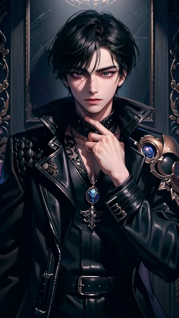 masterpiece, best quality, 1 person, aldult, Male focus, Solitary, Medium black hair, Vibrant dark eyes, Looking at the audience, Shut up, Emo, Fantasy Aesthetics, Very detailed, Shadowverse Style, Leather coat
