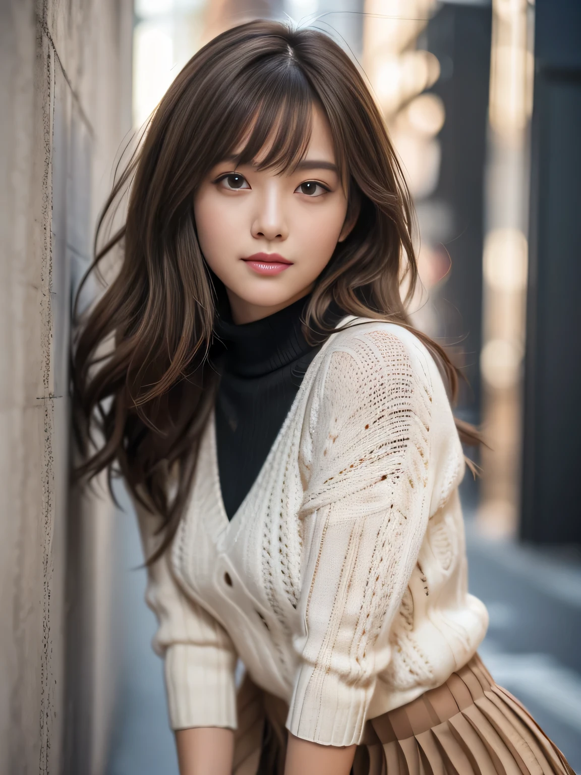 masterpiece, best quality, ultra-detailed, hyperdetailed, realistic, sharp features, highly detailed, sharp focus, Realistic, Photorealistic:1.3, (19 years old:1.3), perfect face, perfect symmetrically eyes, perfect lips, (no makeup), hyper detailed, hyper realistic, high resolution, Fashion Model, Japanese Idol, Slender, brown hair, Stylish, Beautiful Face, light brown hair, messy hair, diagonal bangs, (seductive smile), (looking at viewer), cinematic lighting, blurred background, (knit:1.2), ((Pleated miniskirt, black high socks)), (leaning on wall),