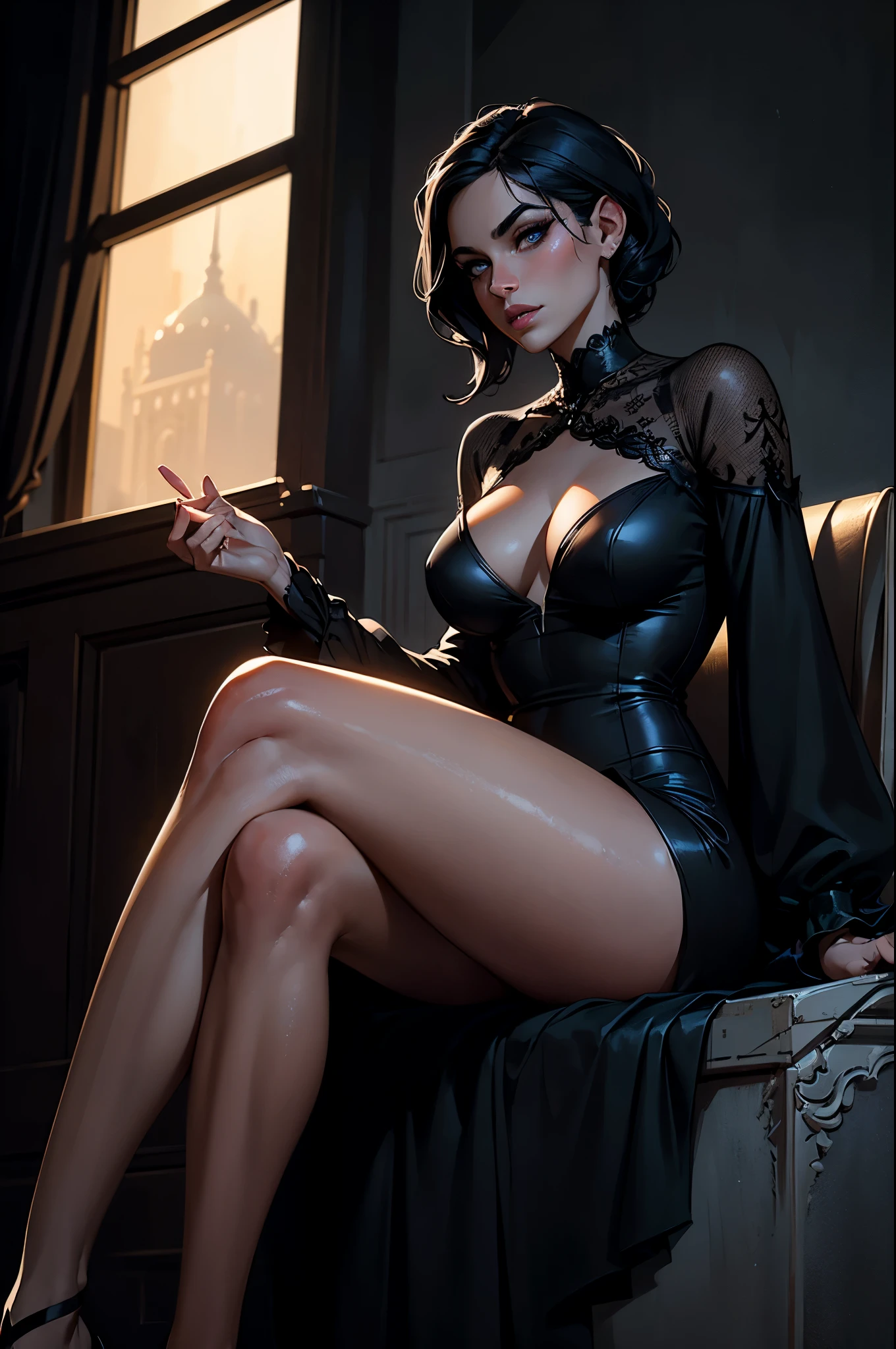 a beautiful woman with alluring eyes, full lips, and long eyelashes, sitting cross-legged, wearing a low-cut black dress, her legs and thighs exposed, a mischievous expression, low angle shot, high quality, photorealistic, dramatic lighting, cinematic, chiaroscuro, moody, sensual