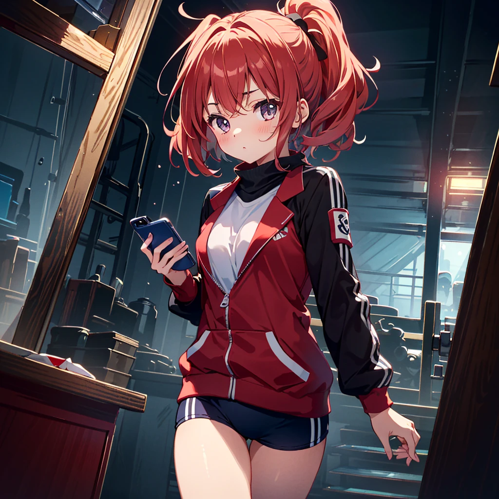 {{{Masterpiece, highest quality, high resolution background}}}, bright and beautiful atmosphere, 1 girl (2 years old, 1 short-tempered round face), small breasts, behind the gym, girl secretly calling on her smartphone, cute blazer, Cheeks are bright red, "deltamon_sdXL :0.73) >Deltamon"