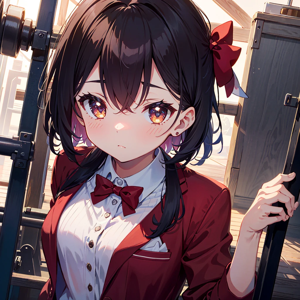 {{{Masterpiece, highest quality, high resolution background}}}, bright and beautiful atmosphere, 1 girl (2 years old, 1 short-tempered round face), small breasts, behind the gym, girl secretly calling on her smartphone, cute blazer, Cheeks are bright red, "deltamon_sdXL :0.73) >Deltamon"