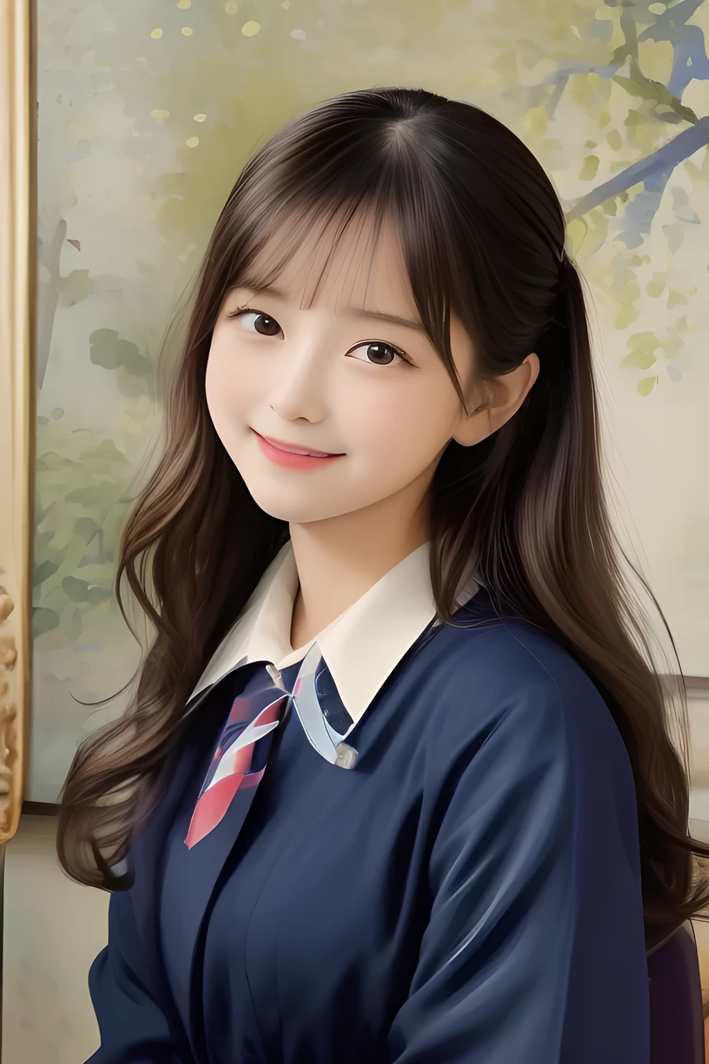 (highest quality, masterpiece, high resolution:1.2), 4K, (Paintings by Vigée Leblanc: 1.4) , (Carefully balanced detailed cute noble face: 1.0), geometry, Laughing cutely, (Beautiful Japanese student girl: 1.0), (Navy-colored neat school uniform), (high school class room), (beautiful straight bobbed super-long hair), (Evenly cut bangs)