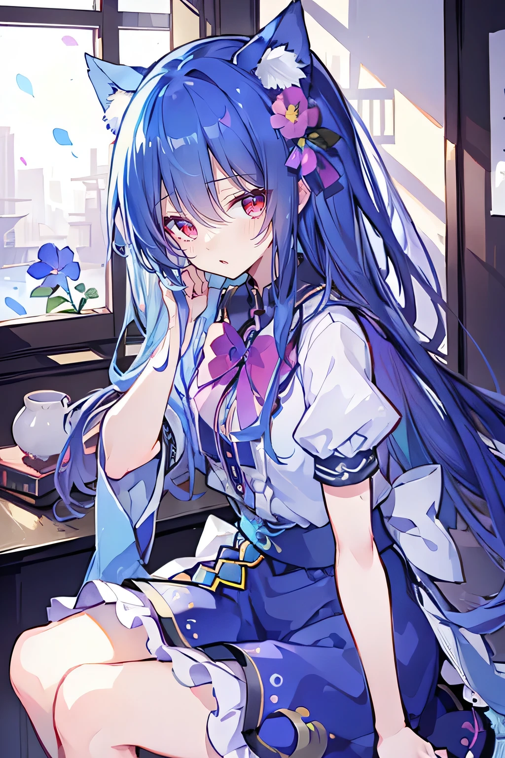 (Masterpiece:1.2)，Ultra-detailed，lifelike，The eyes are expressive，Fair skin，Perfect face shape，1 girl，Japanese Manga，Gorgeous blue hair，Flowing blue hair，Flowing clothes，Cat ears，Petals falling，Shy face，sitting on window，Place your hand on your lips.，（sportswear）。