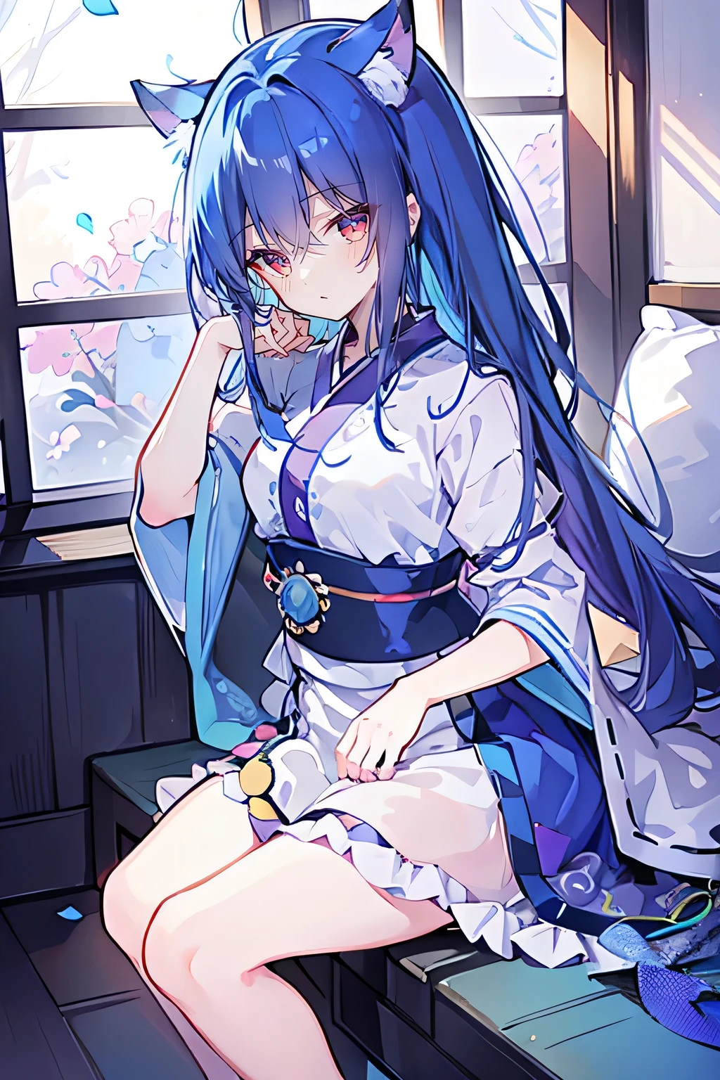 (Masterpiece:1.2),Ultra-detailed,lifelike,The eyes are expressive,Fair skin,Perfect face shape,1 girl,Japanese Manga,Gorgeous blue hair,Flowing blue hair,Flowing clothes,Cat ears,Petals falling,Shy face,sitting on window,Place your hand on your lips.,(sportswear)。