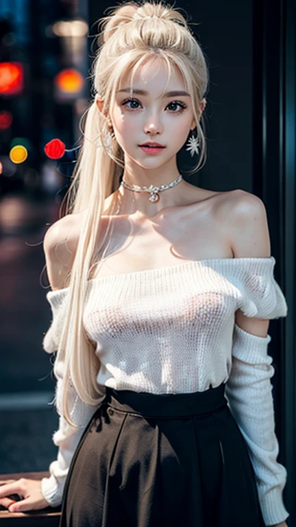 ((Off-the-shoulder knit、Flared long skirt))Extraordinary sexy beauty、beautiful, calm and bright look、Sexy and refreshing look、完璧なbeautifulcute顔、Very bright, Bright Blue Eyes、Short Ponytail、Long bangs between the eyes、Long platinum blonde straight hair、beautiful facial hair、とてもcute、beautifully、Sexy young tiny woman、非常に完璧なbeautifulcute顔、beautiful clear cute eyes、Real17歳女性、cute,((Small breasts))、(((Long white hair)))、(())、) And a very slim figure,,,,,、Very thin leganicules、Earrings、Pink Lip、choker、Real、Sexual、Highest quality、Detailed face、Detailed Background、Depth of written boundary、whole body viewing angle、Sexual、alone、night,Highest quality、High resolution、超High resolution(Real:1.4)Detailed eyes、Gradation、Perfect anatomical figure、Woman with perfect body、Highly detailed skin、非常にDetailed face、細部までbeautiful目、Background blur、