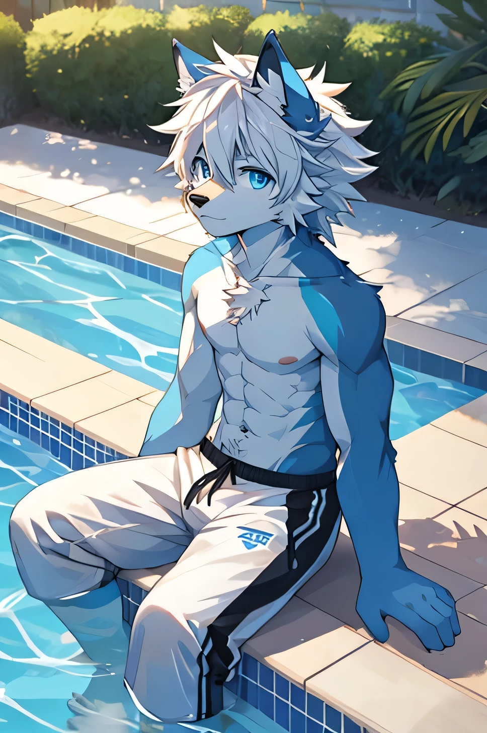 , White and blue fur, shota, Blue eyes, Messy hair, White hair, short hair, masterpiece, Very detailed, Swimming pants,Topless solo,Sitting,Open your legs,,Looking at the camera,By the pool,Wolf's facial features,Blue hair,Wolf paw,Wolf tail,Happy expression,Blue ears,Abdominal muscles,Tights,Blue swimming pants
