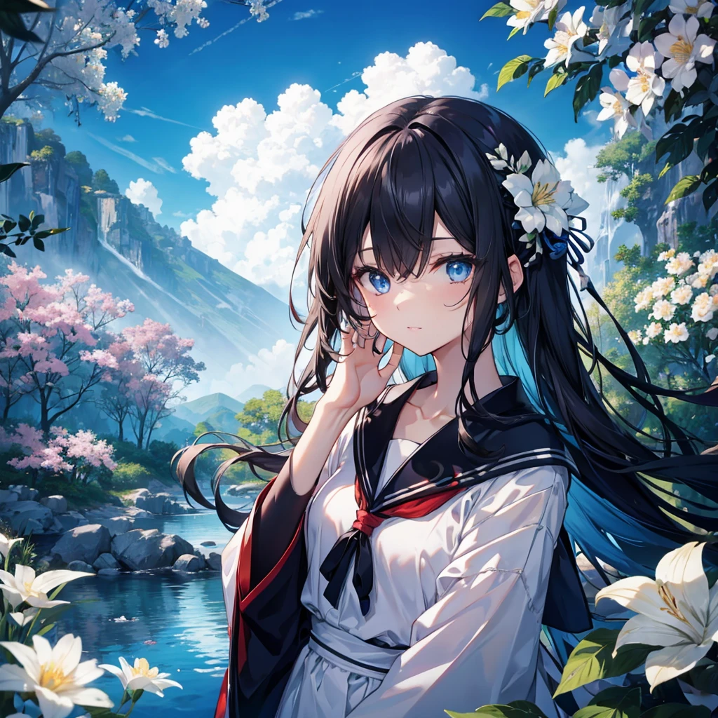 (absurdres, highres, ultra detailed, UHD, cinematic), solo, 1girl, mature, happy, love, full body, long hair girl, blue hair, fantasy, dreamy, snowy, official art, pop art, profile, ultra detailed face, ultra detailed eyes, blue flower field, ultra detailed field, blue sky, cold, blue, dark blue, white, nebula in the sky, blue tree, watercolor, pastel color