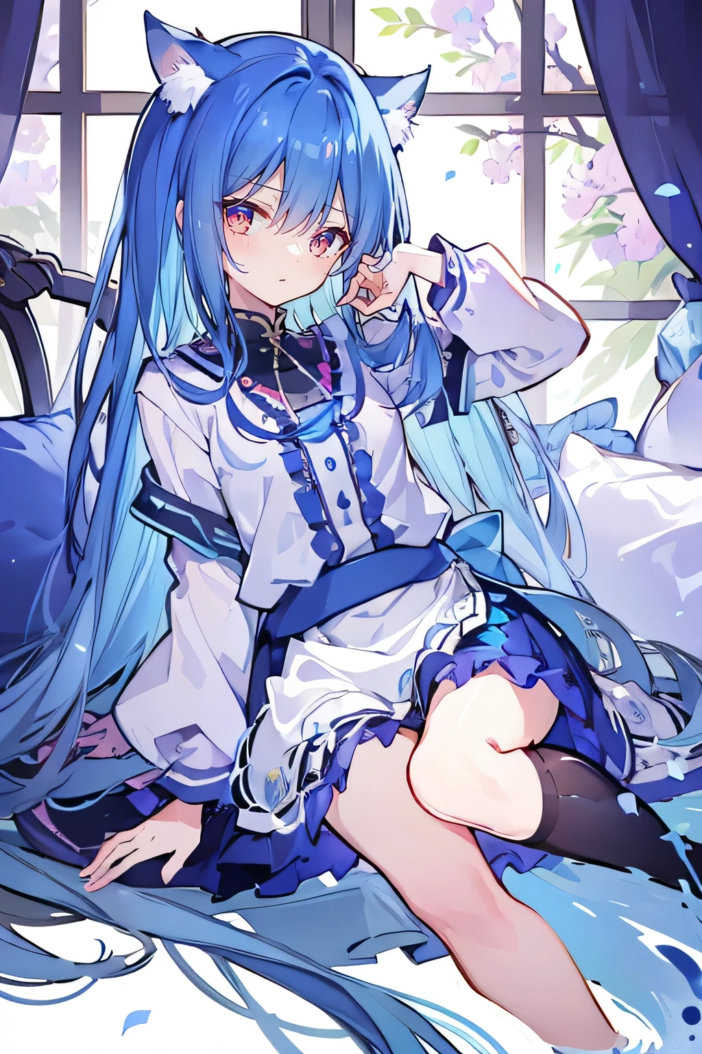 (Masterpiece:1.2)，Ultra-detailed，lifelike，The eyes are expressive，Fair skin，Perfect face shape，1 girl，Japanese Manga，Gorgeous blue hair，Flowing blue hair，Flowing clothes，Cat ears，Petals falling，Shy face，sitting on window，Place your hand on your lips.，（sportswear）。