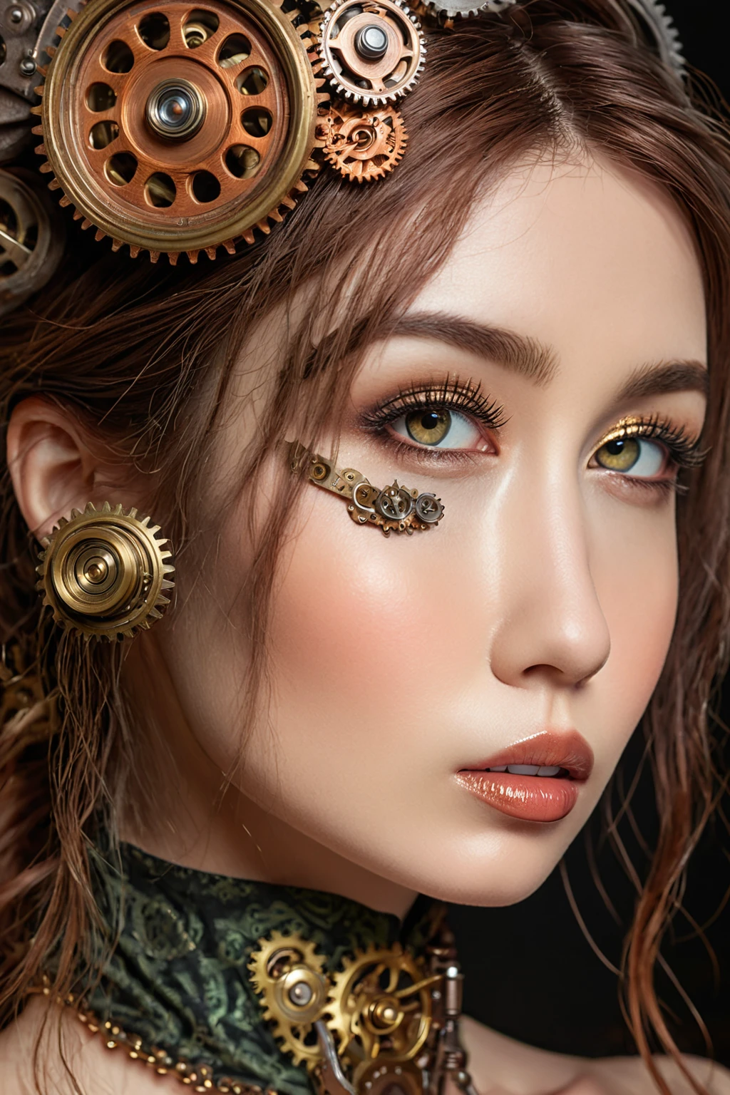 a beautiful steampunk woman, 1 woman, extremely detailed face and eyes, beautiful detailed lips, longeyelashes, intricate steampunk machinery, gears, brass, copper, clockwork, industrial, cogs, steam powered, retro futuristic, victorian era, fantasy, (best quality,4k,8k,highres,masterpiece:1.2),ultra-detailed,(realistic,photorealistic,photo-realistic:1.37),cinematic lighting,dramatic lighting,warm color tones,vibrant colors