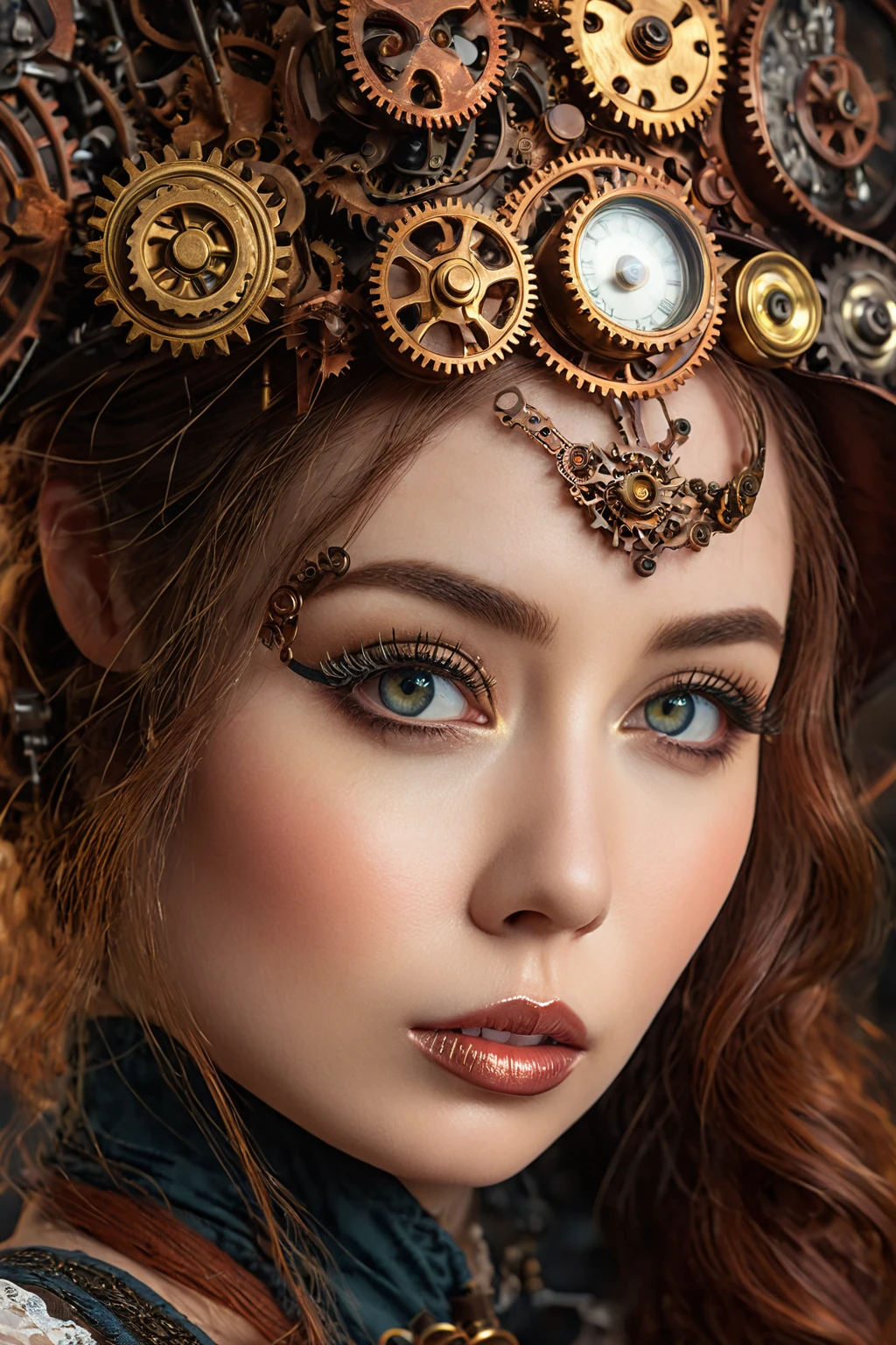 a beautiful steampunk woman, 1 woman, extremely detailed face and eyes, beautiful detailed lips, longeyelashes, intricate steampunk machinery, gears, brass, copper, clockwork, industrial, cogs, steam powered, retro futuristic, victorian era, fantasy, (best quality,4k,8k,highres,masterpiece:1.2),ultra-detailed,(realistic,photorealistic,photo-realistic:1.37),cinematic lighting,dramatic lighting,warm color tones,vibrant colors