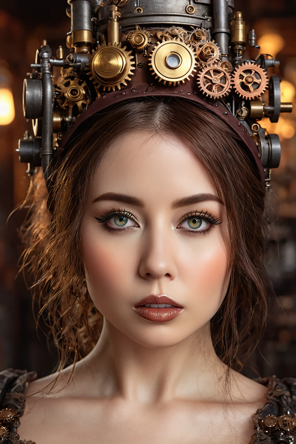 a beautiful steampunk woman, 1 woman, extremely detailed face and eyes, beautiful detailed lips, longeyelashes, intricate steampunk machinery, gears, brass, copper, clockwork, industrial, cogs, steam powered, retro futuristic, victorian era, fantasy, (best quality,4k,8k,highres,masterpiece:1.2),ultra-detailed,(realistic,photorealistic,photo-realistic:1.37),cinematic lighting,dramatic lighting,warm color tones,vibrant colors