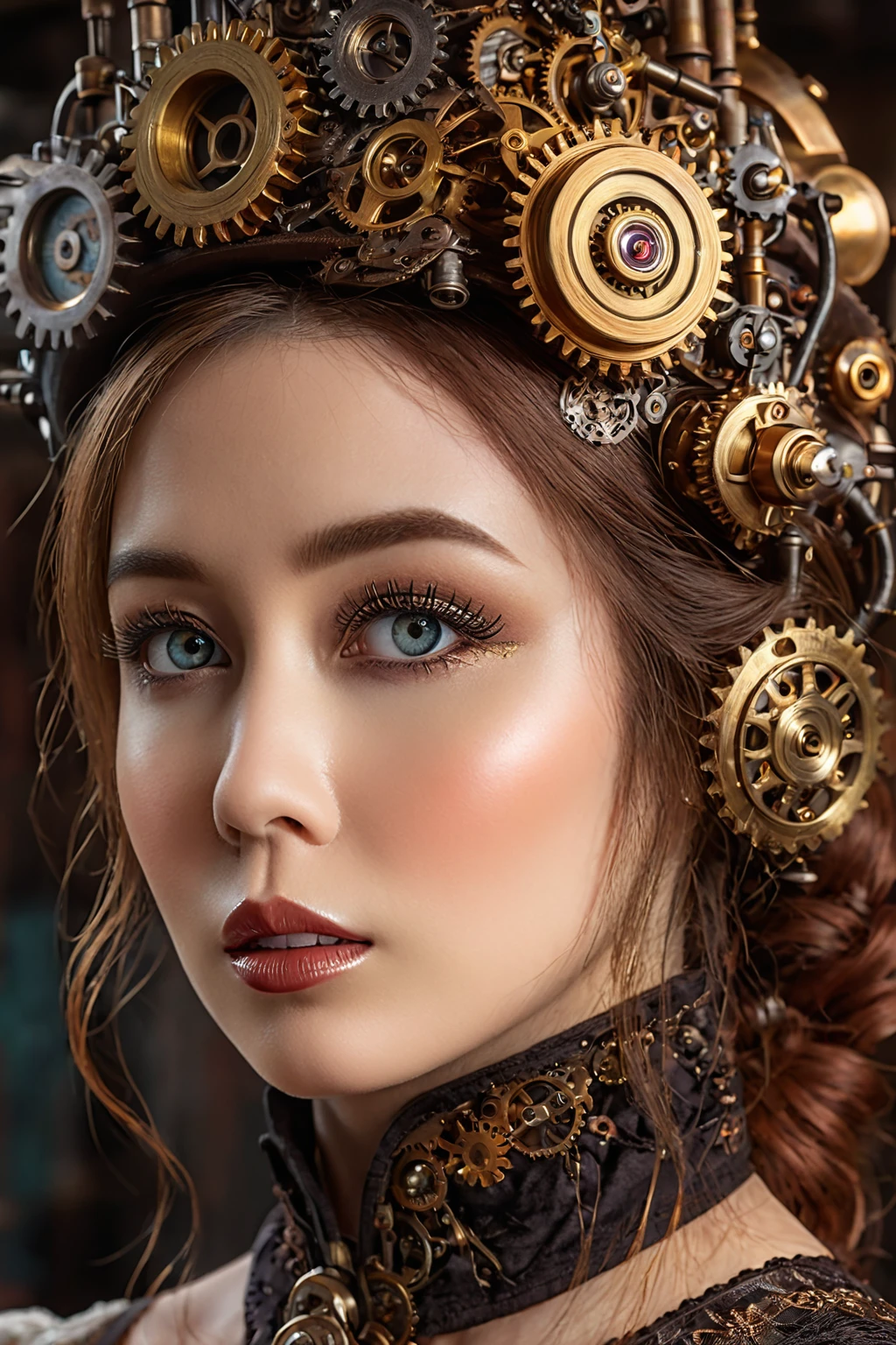 a beautiful steampunk woman, 1 woman, extremely detailed face and eyes, beautiful detailed lips, longeyelashes, intricate steampunk machinery, gears, brass, copper, clockwork, industrial, cogs, steam powered, retro futuristic, victorian era, fantasy, (best quality,4k,8k,highres,masterpiece:1.2),ultra-detailed,(realistic,photorealistic,photo-realistic:1.37),cinematic lighting,dramatic lighting,warm color tones,vibrant colors
