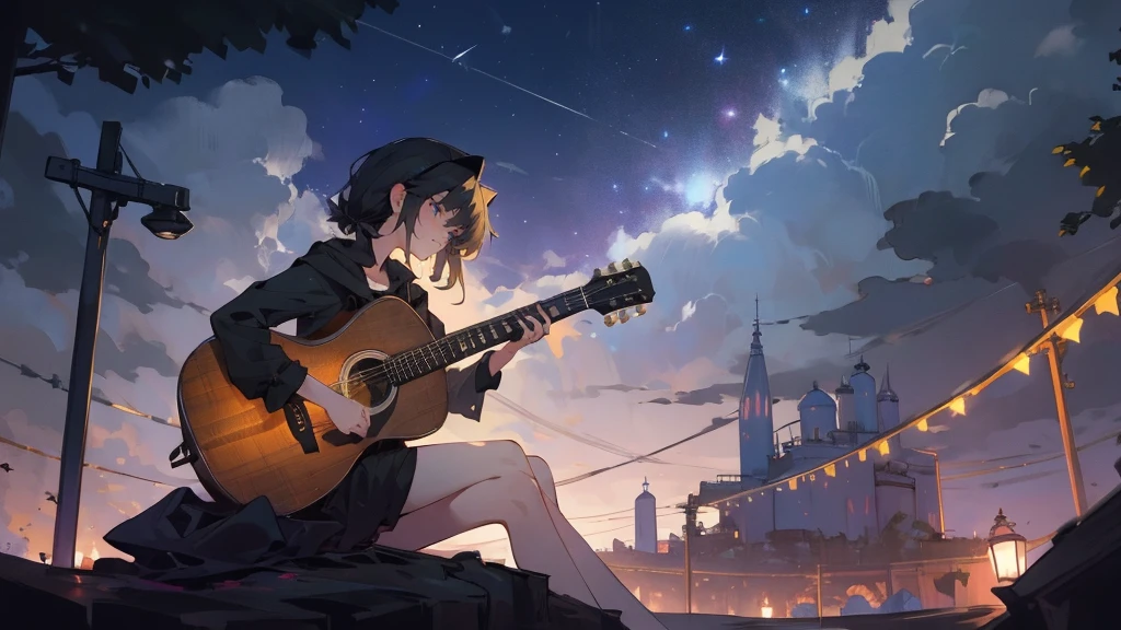 masterpiece,night,(dark alley),star、Night Sky、milky way、octone、
(1. Female), (solo), Knee hugging sitting，acousticguitar