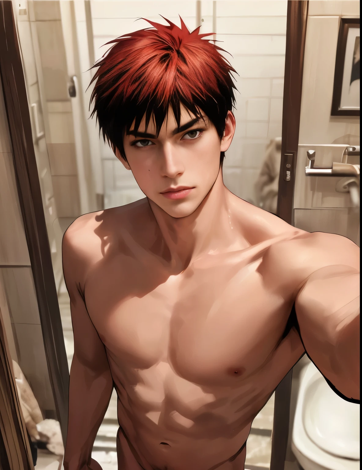 Red hair in the bathroom、Anime man without shirt, Anime handsome man, male anime character, Cool anime poses, Tall anime man with blue eyes, Shikano Makoto, semi realistic anime, Male anime style, semi realistic anime, Handsome Japanese demon boy, Handsome anime boy, The handsome guy in Demon Slayer, cai xukun